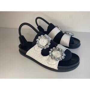 SCHUTZ SANDALS 7.5 ARIEL EMBELLISHED BUCKLE LEATHER SNAKESKIN EMBOSSED SLIDES